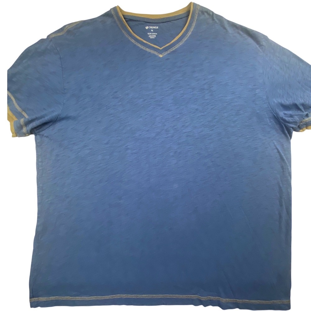 Cremieux Mens XL Slub Cotton V-Neck T-Shirt Blue Short Sleeve Tan Trim RN58909